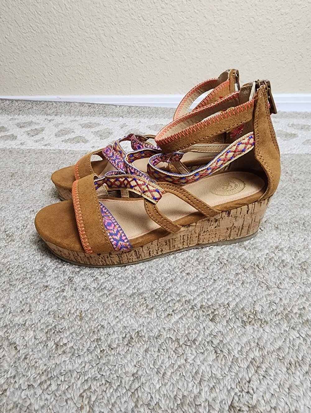 SO® Girls Boho Cork Wedge Sandals with Embroidered Straps & Tassels Size 2